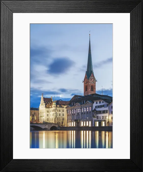 Framed Print : Europe, Switzerland, Zurich, night time view of the clocktower of Fraumunster cathedral Framed Print : Europe, Switzerland, Zurich, night time view of the clocktower of Fraumunster cathedral