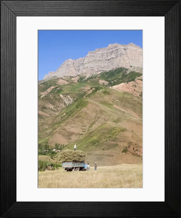 Framed Print : Men harvesting the fields near the Pamir Highway, Tajikistan
