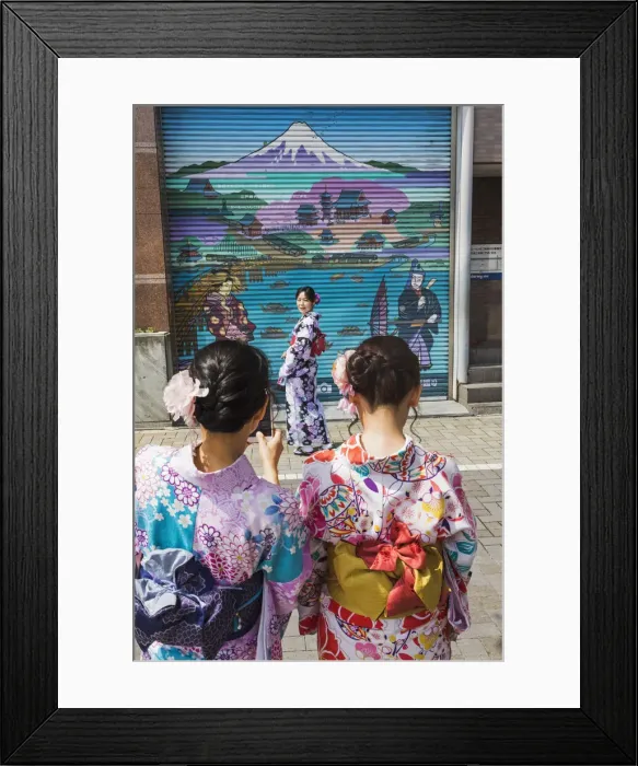 Framed Print : Japan, Honshu, Tokyo, Asakusa, Young Women in Kimono Taking Photos in Front of Shop Framed Print : Japan, Honshu, Tokyo, Asakusa, Young Women in Kimono Taking Photos in Front of Shop