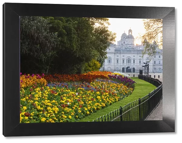 England, London, St. James Park, Dawn over Flower Beds and Horse Guards Parade