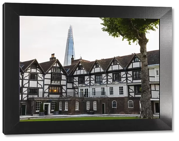 England, London, Tower of London, Tudor Houses on Tower Green with The Shard in The