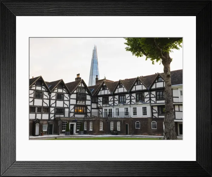 Framed Print : England, London, Tower of London, Tudor Houses on Tower Green with The Shard in Framed Print : England, London, Tower of London, Tudor Houses on Tower Green with The Shard in