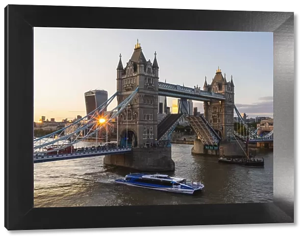 England, London, Tower Bridge, Thames Cruise Boat Passing Through Open Tower Bridge