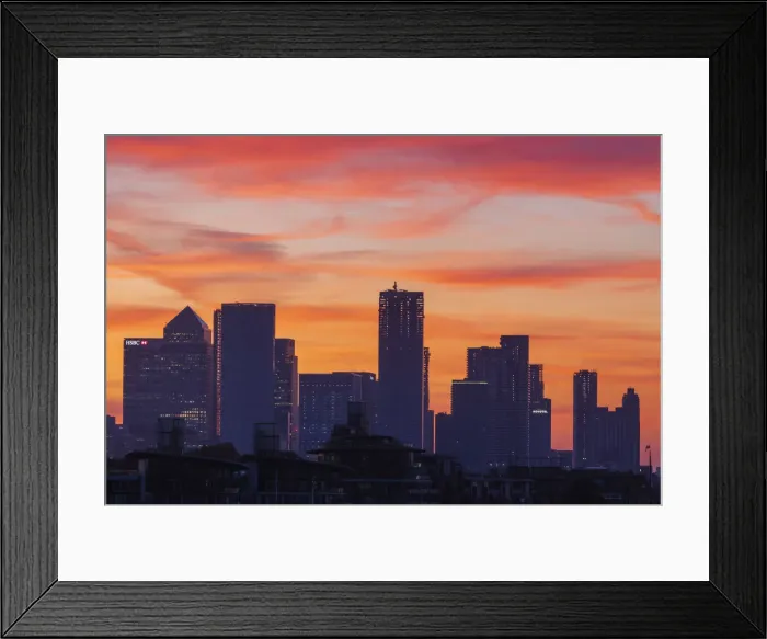 Framed Print : England, London, Docklands, Silouette of Canary Wharf Skyline at Dawn Framed Print : England, London, Docklands, Silouette of Canary Wharf Skyline at Dawn
