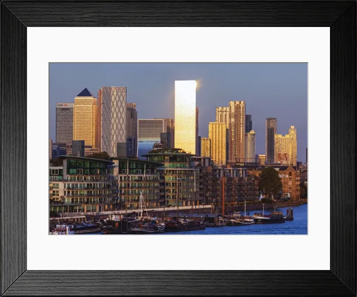 Framed Print : England, London, Docklands, Late Evening Light on Canary Wharf Skyline and River Thames Framed Print : England, London, Docklands, Late Evening Light on Canary Wharf Skyline and River Thames