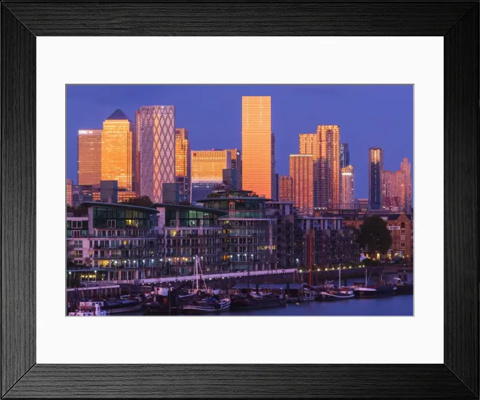 Framed Print : England, London, Docklands, Late Evening Light on Canary Wharf Skyline and River Thames Framed Print : England, London, Docklands, Late Evening Light on Canary Wharf Skyline and River Thames