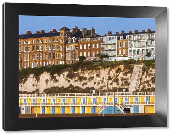 England, Kent, Broadstairs, Beach Huts and Victorian Era Beach Front Buildings