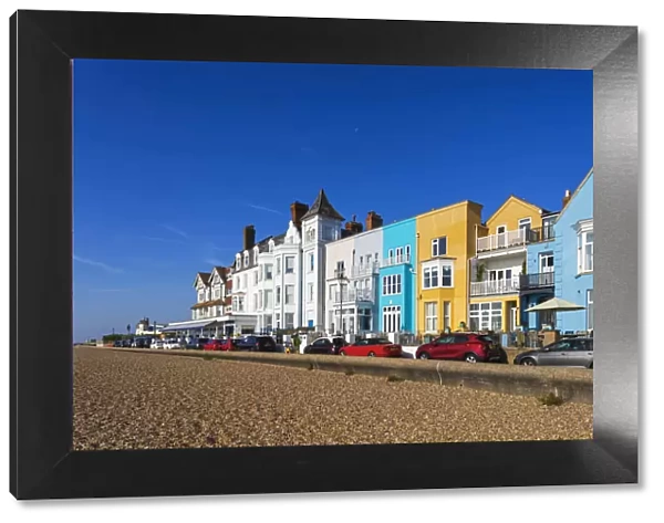 England, Suffolk, Aldeburgh, Aldeburgh Beach and Colourful Seafront Buildings