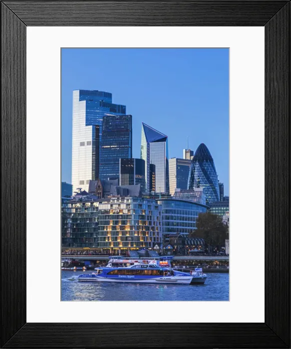 Framed Print : England, London, Thames Clipper Boat and City of London Skyline Framed Print : England, London, Thames Clipper Boat and City of London Skyline