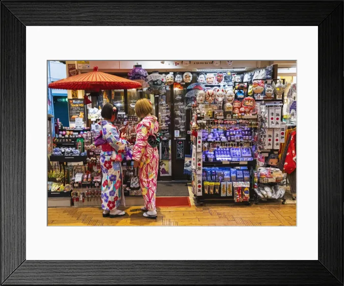 Framed Print : Japan, Honshu, Tokyo, Asakusa, Two Woman Dressed in Kimono in front of Souvenir Shop Framed Print : Japan, Honshu, Tokyo, Asakusa, Two Woman Dressed in Kimono in front of Souvenir Shop