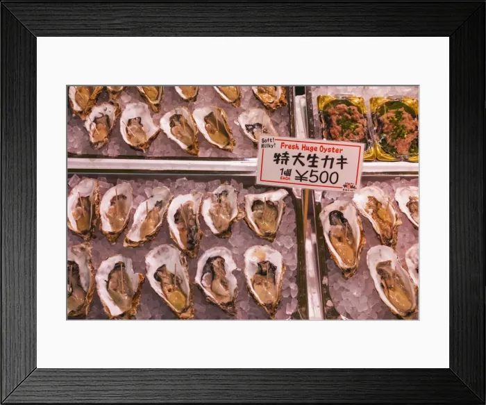 Framed Print : Japan, Honshu, Tokyo, Tsukiji, Tsukiji Outer Market, Seafood Shop Display of Oysters Framed Print : Japan, Honshu, Tokyo, Tsukiji, Tsukiji Outer Market, Seafood Shop Display of Oysters