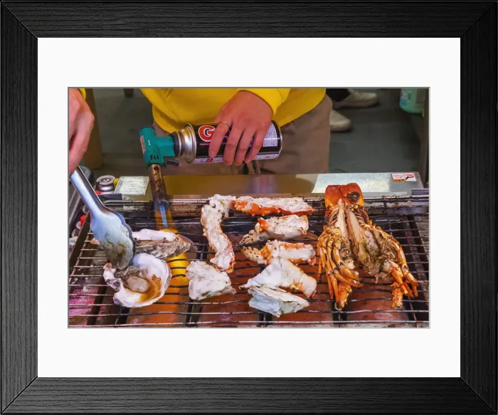 Framed Print : Japan, Honshu, Tokyo, Tsukiji, Tsukiji Outer Market, Seafood Shop Cooking Shellfish Framed Print : Japan, Honshu, Tokyo, Tsukiji, Tsukiji Outer Market, Seafood Shop Cooking Shellfish