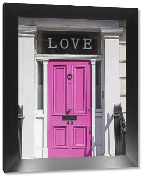 England, London, Westminster, Kensington and Chelsea, Pink Door with Love Sign