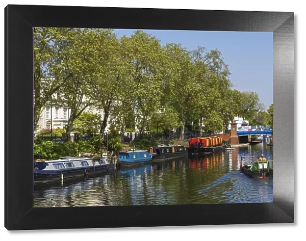 England, London, City of Westminster, Little Venice, Colourful Narrow Boats and Canal