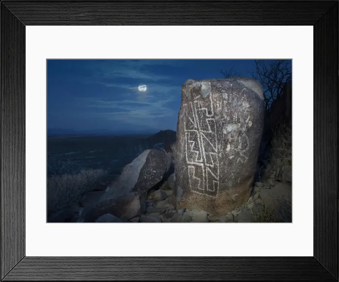 Framed Print : USA; New Mexico; Three Rivers; Petroglyph; moon over rock art, (m) Framed Print : USA; New Mexico; Three Rivers; Petroglyph; moon over rock art, (m)