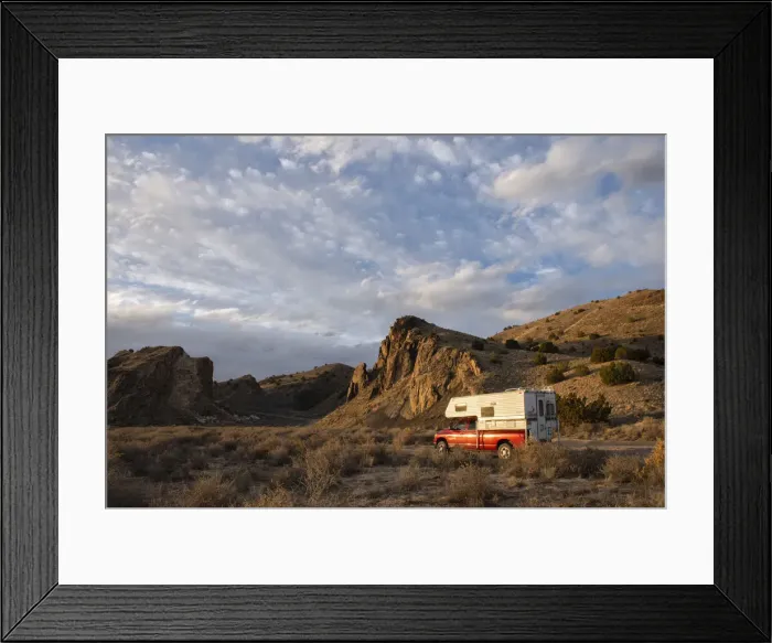 Framed Print : USA; Southwest, New Mexico; Cerrillos, Truck camper in desert