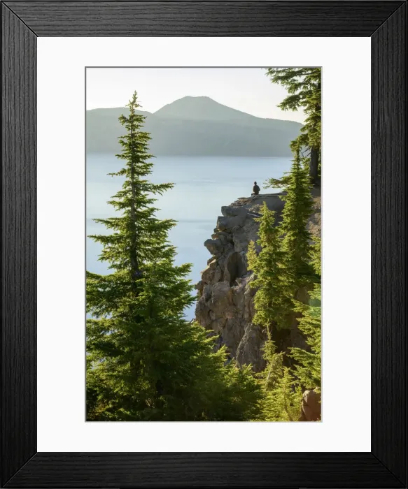 Framed Print : USA, Oregon, Crater Lake National Park, person watching sunrise Framed Print : USA, Oregon, Crater Lake National Park, person watching sunrise