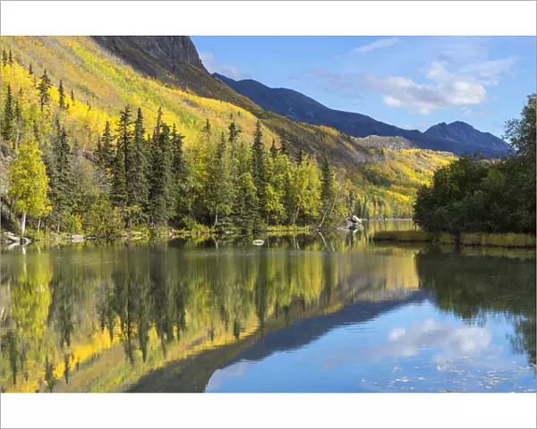 Reflection of mountain on Long Lake, Glenn Highway, Southcentral Alaska, Alaska, USA