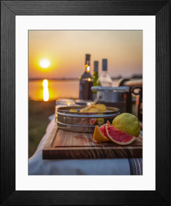Framed Print : Sundowners on safari, Moremi National Park, Okavango Delta, Botswana Framed Print : Sundowners on safari, Moremi National Park, Okavango Delta, Botswana