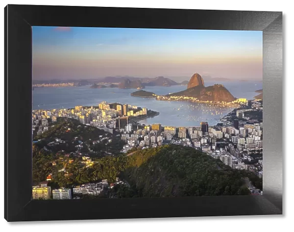 View of Sugarloaf Mountain and Botafogo Bay at sunset, Rio de Janeiro, Brazil