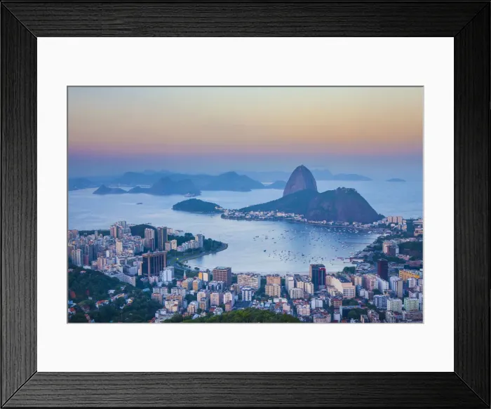 Framed Print : View of Sugarloaf Mountain and Botafogo Bay at dusk, Rio de Janeiro, Brazil Framed Print : View of Sugarloaf Mountain and Botafogo Bay at dusk, Rio de Janeiro, Brazil