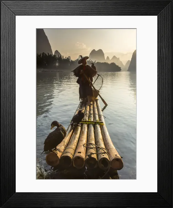 Framed Print : Cormorant fisherman throwing net on Li River at dawn, Xingping, Yangshuo, Guangxi, China Framed Print : Cormorant fisherman throwing net on Li River at dawn, Xingping, Yangshuo, Guangxi, China