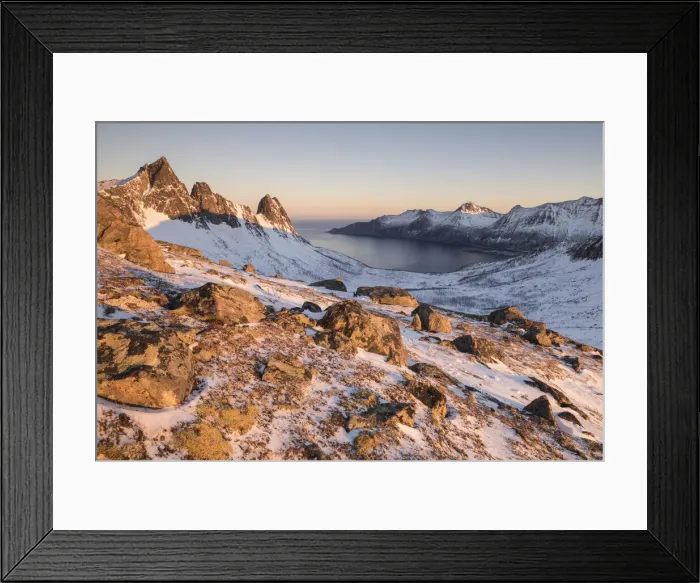 Framed Print : View of Korkedalen valley during sunrise, Hesten, Fjordgard, Mefjorden, Senja, Norway Framed Print : View of Korkedalen valley during sunrise, Hesten, Fjordgard, Mefjorden, Senja, Norway