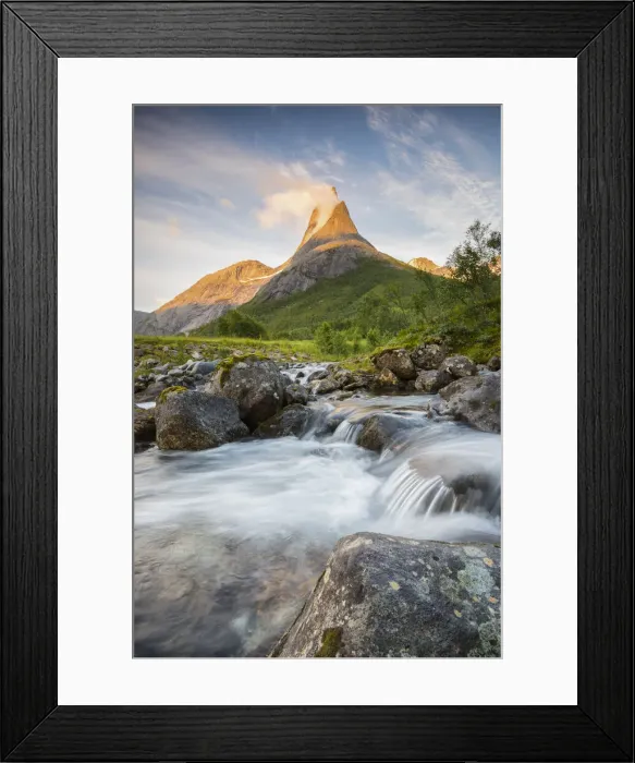 Framed Print : Waterfall in front of Stetinden mountain peak during midnight sun, Tysfjord, Norway Framed Print : Waterfall in front of Stetinden mountain peak during midnight sun, Tysfjord, Norway