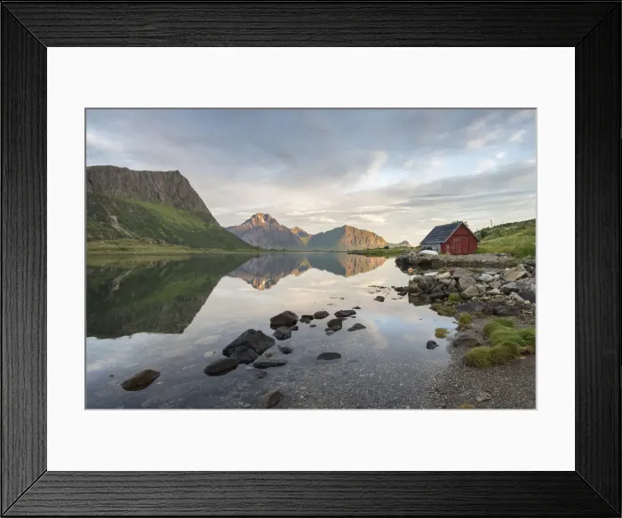Framed Print : Typical rorbu and peaks reflected in the clear sea during midnight sun, Vengeren Framed Print : Typical rorbu and peaks reflected in the clear sea during midnight sun, Vengeren