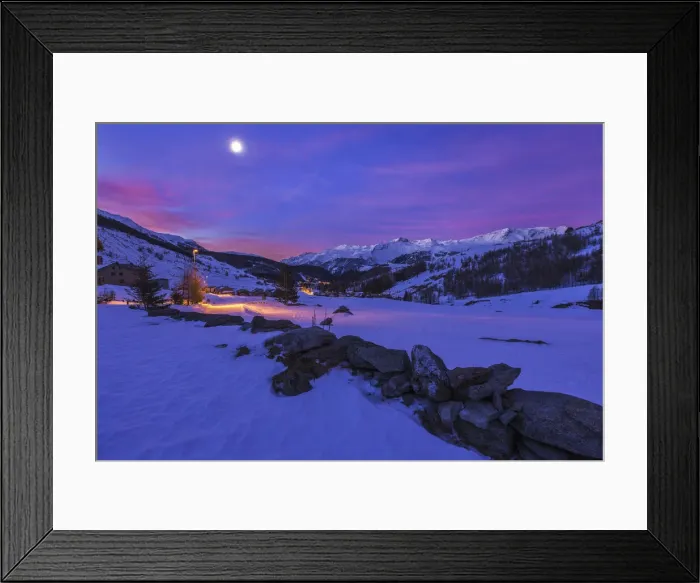 Framed Print : Snowy dawn on Madesimo village with moon, Sondrio province, Spluga valley, Lombardy Framed Print : Snowy dawn on Madesimo village with moon, Sondrio province, Spluga valley, Lombardy