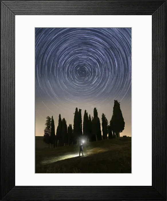 Framed Print : The rotation of the stars around Polaris, near the iconic Cypresses of San Quirico d Framed Print : The rotation of the stars around Polaris, near the iconic Cypresses of San Quirico d