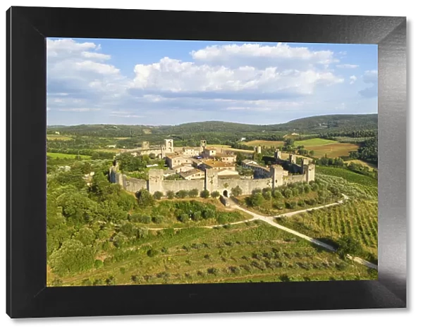 aerial view taken by drone of the historic center of Monteriggioni