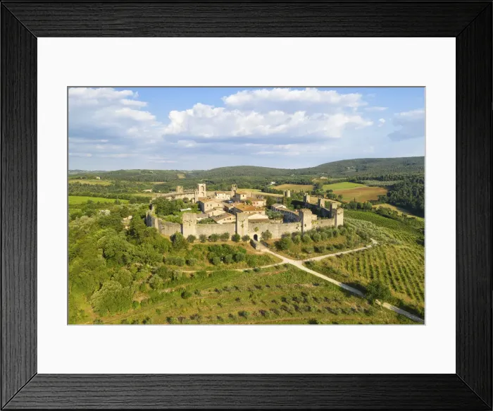 Framed Print : aerial view taken by drone of the historic center of Monteriggioni