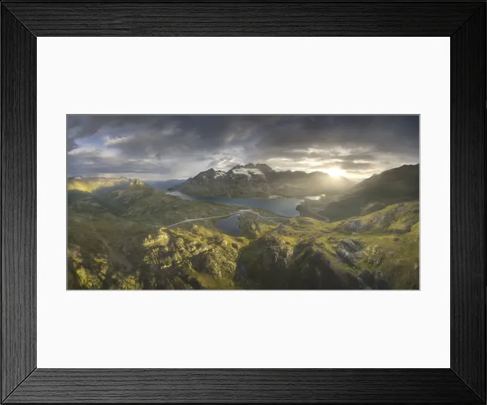 Framed Print : aerial view of Bernina Pass during a warm coloured sunset in summer time, Engadine Framed Print : aerial view of Bernina Pass during a warm coloured sunset in summer time, Engadine