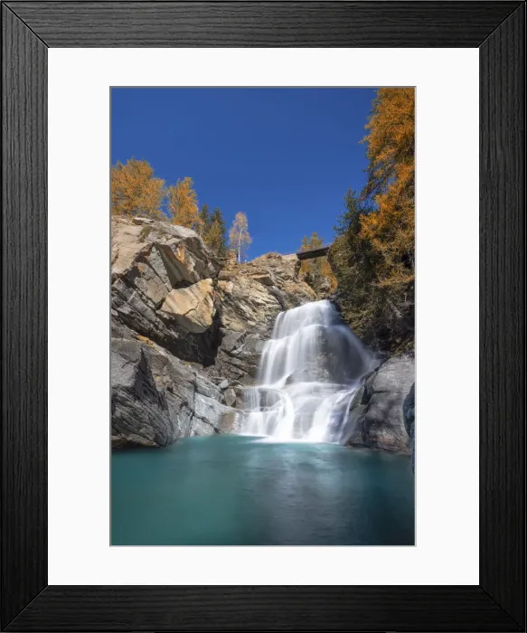 Framed Print : the Lillaz waterfalls in autumn day, Cogne valley, municipality of Cogne, Aosta province Framed Print : the Lillaz waterfalls in autumn day, Cogne valley, municipality of Cogne, Aosta province