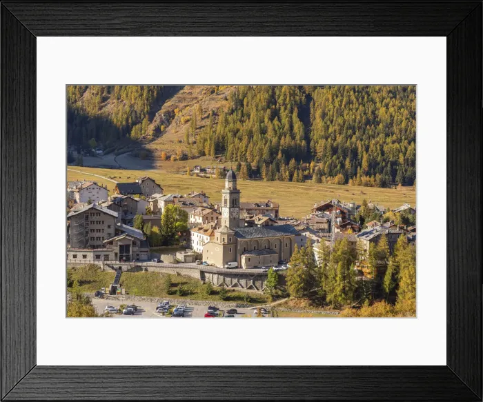 Framed Print : Sant Orso church, Cogne valley in autumn day, municipality of Cogne