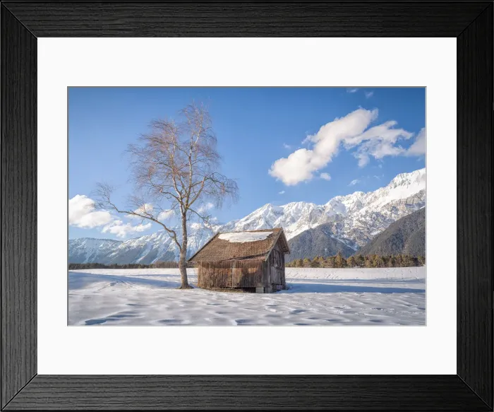 Framed Print : A typical wooden cabin in the snowy fields of Wildermieming, Mieming, Sonnenplateau Framed Print : A typical wooden cabin in the snowy fields of Wildermieming, Mieming, Sonnenplateau