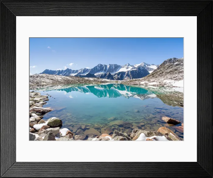 Framed Print : The turquoise Lake Rinnensee reflecting the Glaciers of the Stubai Alps