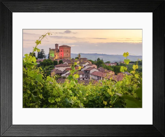 Framed Print : Grinzane Cavour Castle through the vineyards coloured with the italian flag Framed Print : Grinzane Cavour Castle through the vineyards coloured with the italian flag