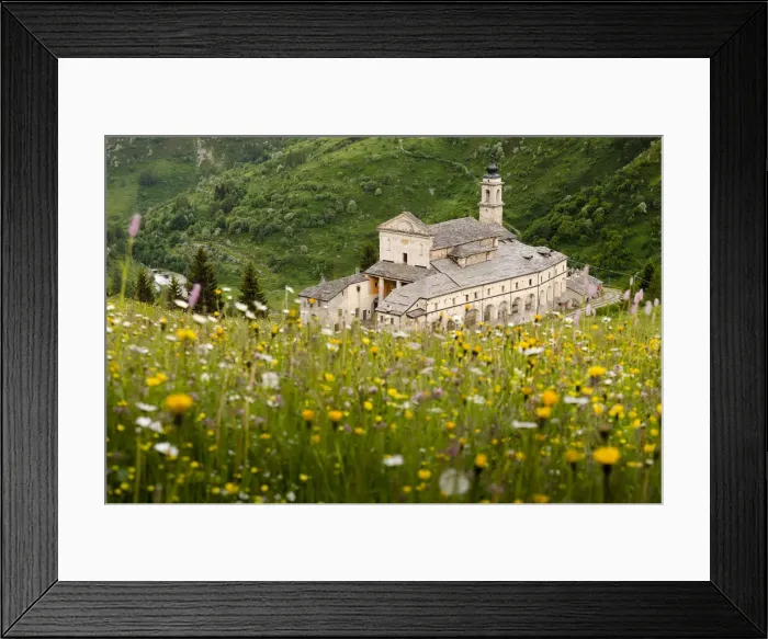 Framed Print : Sanctuary in Grana Valley with a flowery meadow, Castelmagno, Piedmont, Italy Framed Print : Sanctuary in Grana Valley with a flowery meadow, Castelmagno, Piedmont, Italy