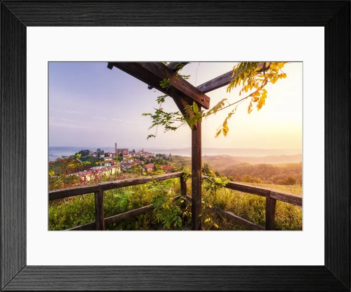 Framed Print : Viewpoint of Castiglione Tinella during the sunrise from a gazebo, Castiglione Tinella Framed Print : Viewpoint of Castiglione Tinella during the sunrise from a gazebo, Castiglione Tinella