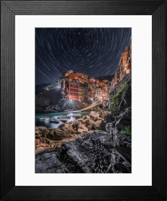 Framed Print : Night and Startrail on the village of Riomaggiore, Cinque Terre Framed Print : Night and Startrail on the village of Riomaggiore, Cinque Terre