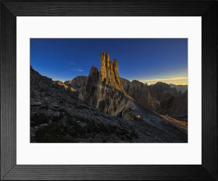 Framed Print : A man with his tent at Vajolet Tower, Gruppo del Catinaccio, Dolomiti di Gardena, Bolzano Framed Print : A man with his tent at Vajolet Tower, Gruppo del Catinaccio, Dolomiti di Gardena, Bolzano