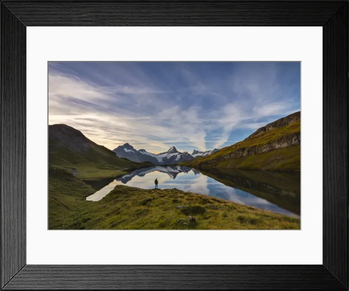 Framed Print : A man stands in front of Bachalpsee and mountains during sunrise, Jungfrau region
