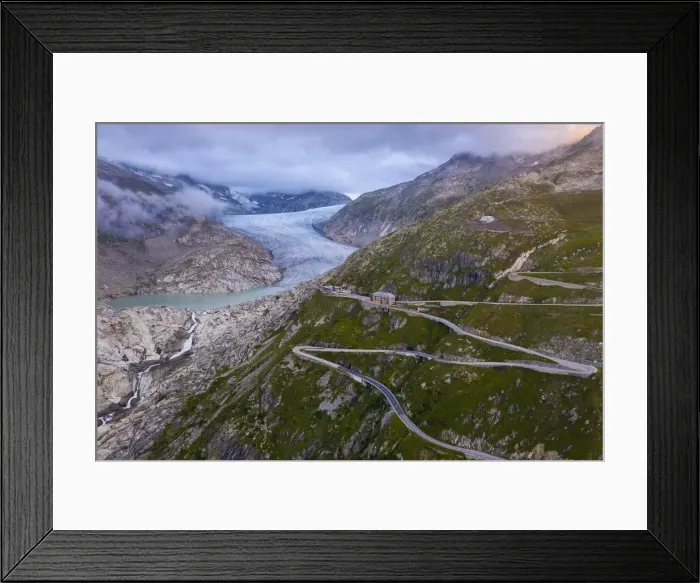 Framed Print : Aerial view of Hotel Belvedere Furkapass and Rhone Glacier in summer, Uri, Canton Vallese Framed Print : Aerial view of Hotel Belvedere Furkapass and Rhone Glacier in summer, Uri, Canton Vallese