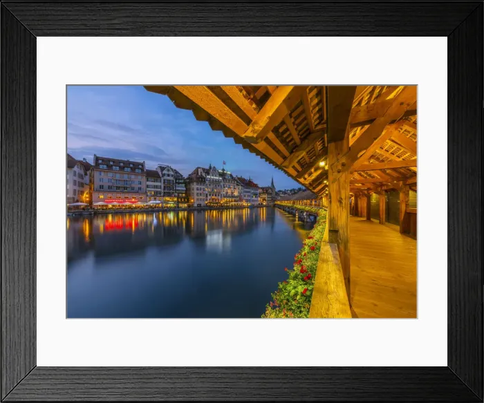 Framed Print : Kapellbrücke and city illuminated at dusk, Luzern, Canton Luzern, Switzerland Framed Print : Kapellbrücke and city illuminated at dusk, Luzern, Canton Luzern, Switzerland