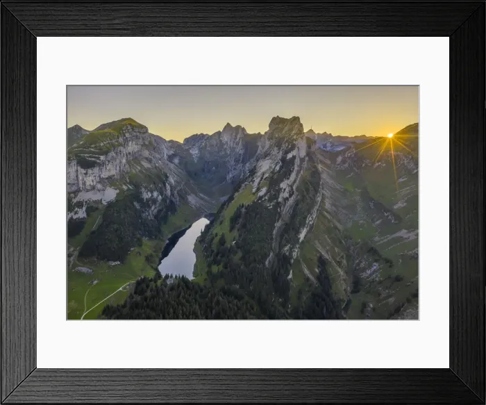 Framed Print : Aerial view of Falensee at sunset, Wasserauen, Canton Appenzell Innerrhoden, Alpstein Framed Print : Aerial view of Falensee at sunset, Wasserauen, Canton Appenzell Innerrhoden, Alpstein