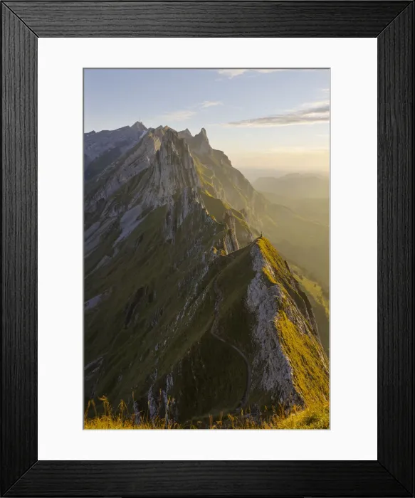 Framed Print : A man at Schafler ridge at sunset during summer, Wasserauen, Canton Appenzell Innerrhoden Framed Print : A man at Schafler ridge at sunset during summer, Wasserauen, Canton Appenzell Innerrhoden
