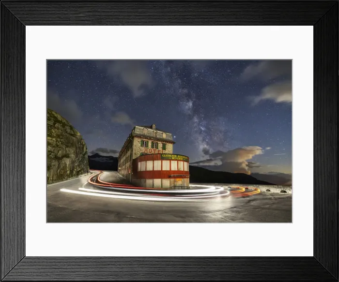 Framed Print : Night view with milkyway of Hotel Belvedere and Furkapass during summer, Oberalp, Valais Framed Print : Night view with milkyway of Hotel Belvedere and Furkapass during summer, Oberalp, Valais