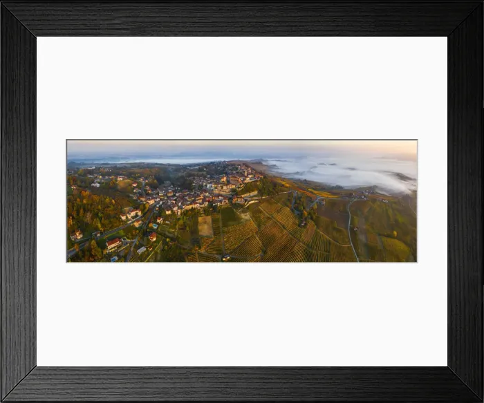 Framed Print : Aerial view of La Morra and vineyards during autumn at sunrise, Cuneo, Langhe e Roero Framed Print : Aerial view of La Morra and vineyards during autumn at sunrise, Cuneo, Langhe e Roero